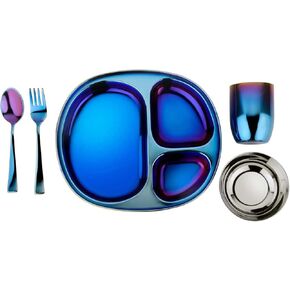 Ahimsa Kids and Toddler Plate and Bowl Set | Pediatrician Designed - Mindful Mealtime 5 Piece Stainless Steel Dish Set | Includes Divided Plate, Utensils, Cup, and Bowl | 100% BPA Free (Rainbow))