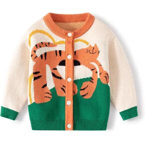 Toddler's Cartoon Dinosaur Tiger Pattern Sweater Cardigan,Knit Cotton Top, Baby Boy's Warm Clothes, 6-6 Years