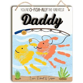 Custom DIY Baby Handprint Gift for Dad Gift for Fishing Daddy with Kids Handprint for Christmas Father's Day Baby's First Fathers Day Wood Hanging Sign for Dad You Are O-Fish-ally The Greatest Daddy