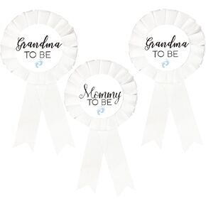 1 Mommy to be Tinplate Badge Pin -2 Badges for Grandmas to be, Baby Shower Button New Mom Gifts Gender Reveals Party Baby BOY White Rosette Button Baby Celebration (White, Blue footprint)