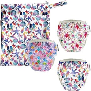 Mama Koala Reusable Swim Diapers with Wet Bag,Baby Boys Adjustable Washable Swim Diapers, Size M (19-40 lbs), 3 Pack-Ocean Story (M)