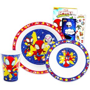 Spidey and His Amazing Friends Dinnerware Set for Kids, Toddlers - 3 Pc Kitchen Accessories Bundle with Spidey and Friends Dinner Plate, Cup, Stickers, More | Spidey Flatware Set