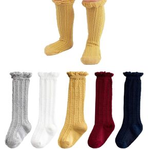جوارب طويلة للركبة من CozyWay لحديثي الولادة والأطفال الصغار والبنات، 5 قطع من الجوارب الطويلة المكشكشة، من عمر 6 إلى 12 شهرًا