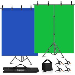 Blue Green Screen Backdrop with Stand Kit, 6.5 X 6.5Ft T-Shaped Adjustable Photo Backdrop Stand 2-in-1 Reversible Blue Greenscreen Background, 4 Clamps, Sandbag