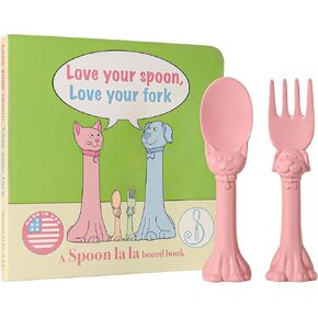 Made in USA Toddler Utensil Set (2 Pack) & Board Book - Spoon & Fork for Kids, Self-Standing 3D Ergonomic Cat & Dog Handles, BPA-free, Dishwasher Safe Baby Silverware (Pink)
