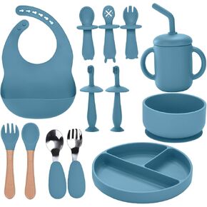 Silicone Baby Feeding Set,13PCS Baby Feeding Essentials with Suction Bowl and Plate,Spoons & Forks,Bib & Cup,Baby Toothbrush,Baby Led Weaning Supplies for 6+ Months,Baby Eating Essentials (Blue)