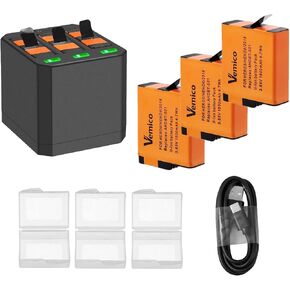 Vemico Hero 7 Battery Charger Kit with 1500mAh 3 Packs Hero 5 Batteries USB-C 3-Slots Charger for Hero 7 Black,Hero 6 Black,Hero 5 Black,Hero 2018 AHDBT-501 Battery