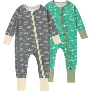 Onepiece Romper 2-Pack Baby Boy Girl Newborn Zip Up Outfit Long Sleeve Rollover cuffs Christmas 0-24 Months