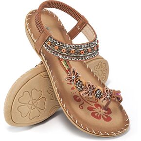 Ablanczoom Womens Sandals Flats Shoes: Comfortable Bohemian Beaded Dressy Summer Flat Casual Ankle Strap Elastic Slip on Beach Sandal