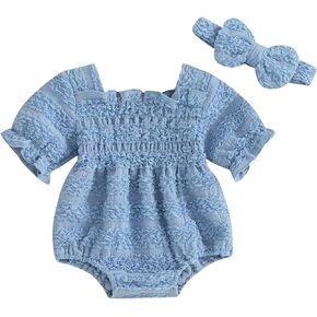 Infant Baby Girls Romper Ruffle Sleeve Pleated Smocked Bubble One Piece Ruched Floral Jumpsuit Summer Bodysuit