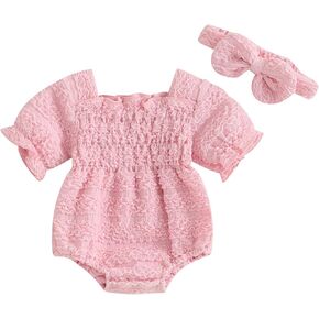 Infant Baby Girls Romper Ruffle Sleeve Pleated Smocked Bubble One Piece Ruched Floral Jumpsuit Summer Bodysuit