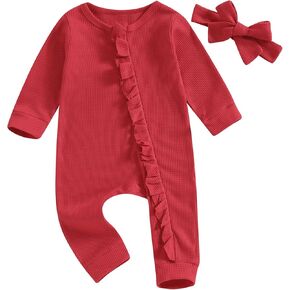MoZiKQin Newborn Baby Girl Ruffle Romper Knit Sweater Onesie Jumpsuit Long Sleeve Zipper Romper Solid Fall Winter Outfits in Saudi Arabia