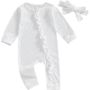 MoZiKQin Newborn Baby Girl Ruffle Romper Knit Sweater Onesie Jumpsuit Long Sleeve Zipper Romper Solid Fall Winter Outfits