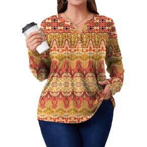 Plus Size Blouses for Women 3/4 Sleeve Tops Loose Fit V Neck Henley Quarter Sleeve Shirts Dressy Casual Blouses Tunic Floral 5XL