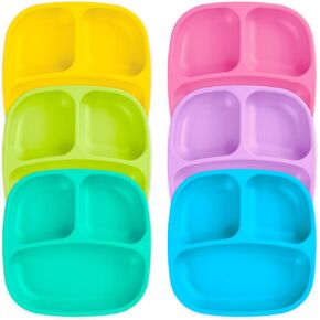 Re-Play Made in USA Deep Walled 3 Compartment Plates, Pack of 6 - Reusable Divided Plates for Kids, Dishwasher and Microwave Safe - Durable Toddler Plates 7.37" x 7.37" x 1.25", Crayon Box