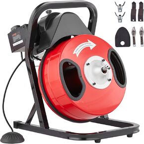 VEVOR Drain Cleaner Machine 50FT x 1/2 Inch, Manual Feed Sewer Snake Auger - with Wheels, 4 Cutters & Air-activated Foot Switch for 2" to 4" Pipes