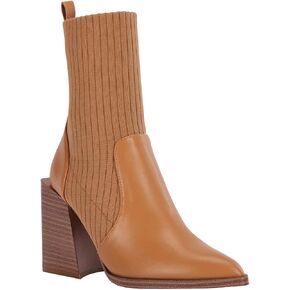 Womens Chunky Stacked Heel Ankle Boots Pointed Toe Booties Slip On Ribbed Knit Sock Boot