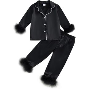 Toddler Baby Girl Satin Pajamas Set Fuzzy Trim Button Down Sleep Shirt Top Pants Bottoms Sleepwear Loungewear Set (Black, 3-4 Years)