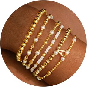 Turandoss 6PCS Beaded Initial Bracelets for Women Christmas Gifts - 18K Gold Plated Beaded Initial Letter Bracelet for Girls Women, Gold Initial A-Z Stretch Bead Stackable Bracelet Jewelry Set Gifts