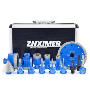 Diamond Tile Hole Saw Kit, ZNXIMER Diamond Core Drill Bits Set for Tile, Marble, Ceramic, Granite, Ceramic and More Drilling -15pcs(6/6/6/8/10/20/25/35/50/65mm+10mm/2"/5"+SDS Shank/Hex Shank)