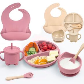 Silicone Baby Feeding Set, 12Pcs Baby Led Weaning Supplies, Includes Baby Suction Bowls and Plates, Silicone Baby Bibs, Silicone Baby Cup, Silicone Baby Spoons and Forks (2 Sets Beige & Pink)