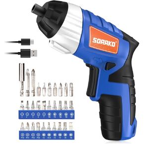 Electric Screwdriver, SORAKO Cordless Screwdriver Rechargeable 4V Max, Power Screwdriver with LED Light, 1300mAh Battery Screwdriver 6 Nm 30 PCS Screw Gun Accessories for Home DIY, Car Repair
