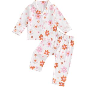 Toddler Girl Pajamas Set Cute Floral Print Button Up Long Sleeve Shirt Top Elastic Pants Loungewear Sleepwear