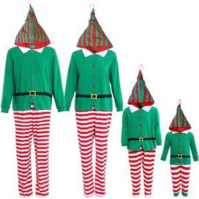 IFFEI Family Matching Christmas Pajamas Set One Piece Striped Hooded Sleepwear Santa Claus Elf Onesie Outfit