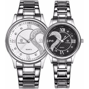 DREAMING Q&P Fq-102 Stainless Steel Romantic Pair His and Hers Wrist Watches for Men Women Black White Set of 2