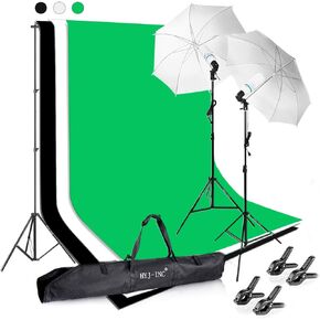 Photography Photo Video Studio Background Stand Support Kit with 3 Muslin Backdrop Kits (White/Black/Chromakey Green Screen Kit),1050W 5500K Daylight Umbrella Lighting Kit with Carry Bag