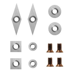 Tungsten Carbide Cutters Inserts Set(8pcs) with 4pcs Screws for Wood Lathe Turning Tools(Include 11mm Square,12mm and 8.9mm Round,30x10mm Diamond with Sharp Point)