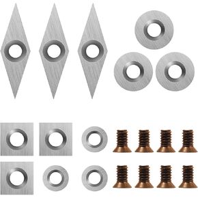 Tungsten Carbide Cutters Inserts Set for Wood Lathe Turning Tools Include 11 mm Square with Radius, 12 mm and 8.9 mm Round, 30 x 10 mm Diamond with Pointed Point,8 Pieces screws.