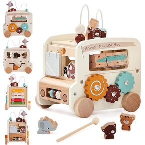 Wooden Activity Cube - 8 in 1 Montessori Toys Boys Girls, Multipurpose Educational Learning Toys for Toddlers Baby Activity Cubes with Animal Tourism Bus Theme