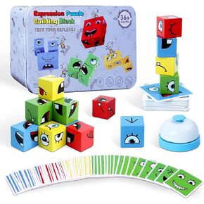 Montessori Puzzle Game for Kids - Wooden Face Changing Magic Cube Game, Educational Face Changing Cubes, 3+ Years (64 Cards, 16 Blocks, 1Bell)
