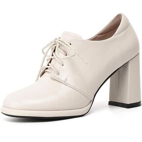 TinaCus Women's Genuine Leather Square Toe Handmade Lace-Up High Chunky Heels Chic Oxford Shoes with Platform