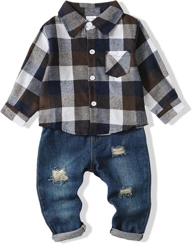 XUANHAO Baby Boy Clothes Toddler Boys Outfits Plaid Shirt Jeans Sets 12M-5T | Fall Winter Infant Boys Outfit,Long Sleeve Button Down Tops Denim Ripped Pants Toddler Clothing,Little Boy Christmas Clothes in Saudi Arabia