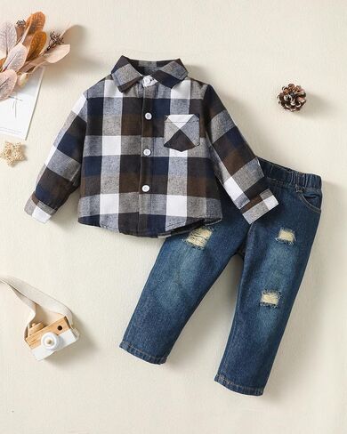 XUANHAO Baby Boy Clothes Toddler Boys Outfits Plaid Shirt Jeans Sets 12M-5T | Fall Winter Infant Boys Outfit,Long Sleeve Button Down Tops Denim Ripped Pants Toddler Clothing,Little Boy Christmas Clothes in Saudi Arabia