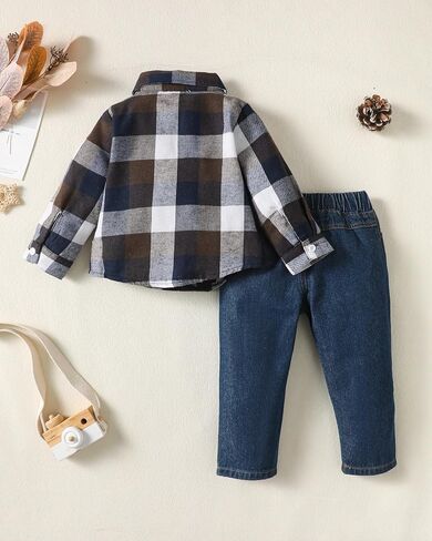 XUANHAO Baby Boy Clothes Toddler Boys Outfits Plaid Shirt Jeans Sets 12M-5T | Fall Winter Infant Boys Outfit,Long Sleeve Button Down Tops Denim Ripped Pants Toddler Clothing,Little Boy Christmas Clothes in Saudi Arabia