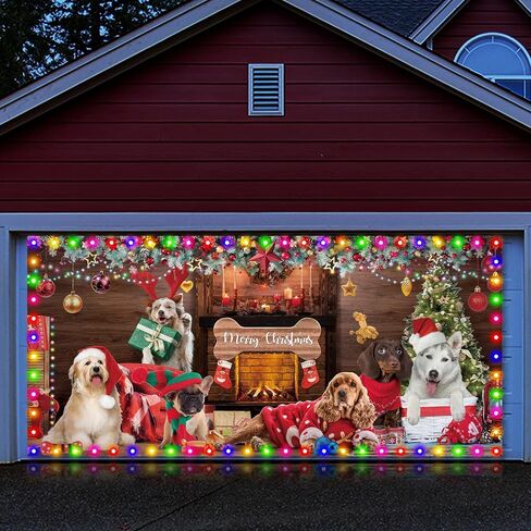 6 x 13 ft Merry Christmas Garage Door Banner Cover with String Light Garage Door Christmas Banner Funny Garage Murals Christmas Garage Door Large Cute Decorations for Outdoor Party Wall (Dog) in Saudi Arabia