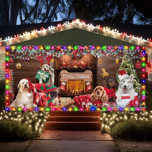 6 x 13 ft Merry Christmas Garage Door Banner Cover with String Light Garage Door Christmas Banner Funny Garage Murals Christmas Garage Door Large Cute Decorations for Outdoor Party Wall (Dog) in Saudi Arabia