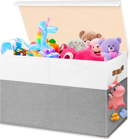 Large Toy Storage Box, Collapsible Sturdy Storage Chest With Lids, Kids Toy Storage Organizer Toddler Bin Boxes, 25"x13"x16" Toy Chest Box Bin Baskets for Living Room, Bedroom, Nursery, White & Gray in Kuwait