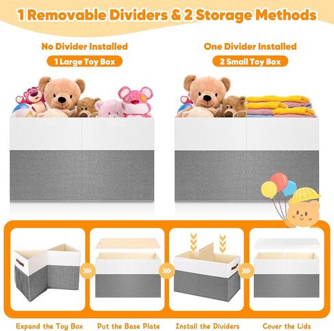 Large Toy Storage Box, Collapsible Sturdy Storage Chest With Lids, Kids Toy Storage Organizer Toddler Bin Boxes, 25"x13"x16" Toy Chest Box Bin Baskets for Living Room, Bedroom, Nursery, White & Gray in Kuwait