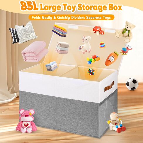 Large Toy Storage Box, Collapsible Sturdy Storage Chest With Lids, Kids Toy Storage Organizer Toddler Bin Boxes, 25"x13"x16" Toy Chest Box Bin Baskets for Living Room, Bedroom, Nursery, White & Gray in Kuwait