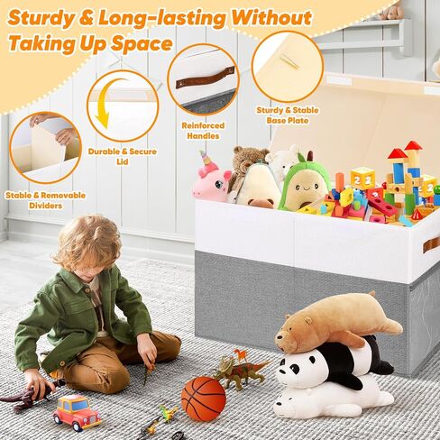 Large Toy Storage Box, Collapsible Sturdy Storage Chest With Lids, Kids Toy Storage Organizer Toddler Bin Boxes, 25"x13"x16" Toy Chest Box Bin Baskets for Living Room, Bedroom, Nursery, White & Gray in Kuwait