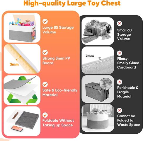 Large Toy Storage Box, Collapsible Sturdy Storage Chest With Lids, Kids Toy Storage Organizer Toddler Bin Boxes, 25"x13"x16" Toy Chest Box Bin Baskets for Living Room, Bedroom, Nursery, White & Gray in Kuwait
