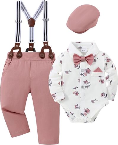 nilikastta Baby Boy Wedding Outfits Infant Baby Boy Clothes Suit Dress Shirts/Suspender Pants/Bowtie/Beret Hat 0-18M in Kuwait