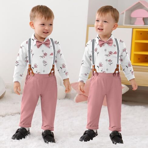 nilikastta Baby Boy Wedding Outfits Infant Baby Boy Clothes Suit Dress Shirts/Suspender Pants/Bowtie/Beret Hat 0-18M in Kuwait