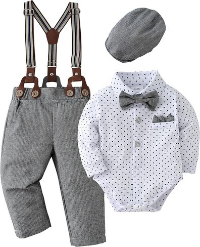 nilikastta Baby Boy Wedding Outfits Infant Baby Boy Clothes Suit Dress Shirts/Suspender Pants/Bowtie/Beret Hat 0-18M in Kuwait