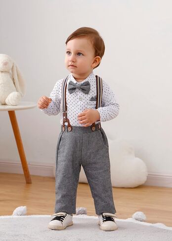 nilikastta Baby Boy Wedding Outfits Infant Baby Boy Clothes Suit Dress Shirts/Suspender Pants/Bowtie/Beret Hat 0-18M in Kuwait