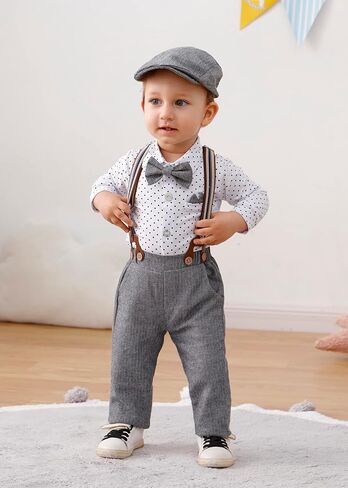 nilikastta Baby Boy Wedding Outfits Infant Baby Boy Clothes Suit Dress Shirts/Suspender Pants/Bowtie/Beret Hat 0-18M in Kuwait